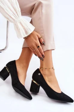 Klasyczne Zamszowe Czółenka Na Obcasie Z Ozdobą Czarne Derren