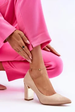 Klasyczne Zamszowe Czółenka Na Ozdobnym Słupku Beżowe Elizabeth