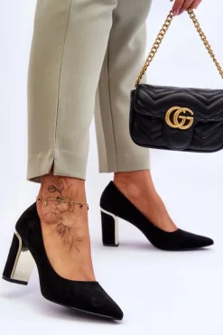 Klasyczne Zamszowe Czółenka Na Ozdobnym Słupku Czarne Elizabeth