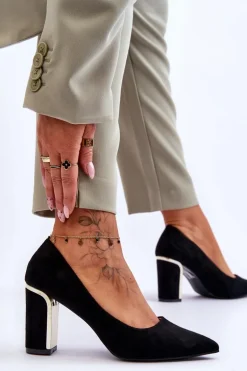 Klasyczne Zamszowe Czółenka Na Ozdobnym Słupku Czarne Elizabeth