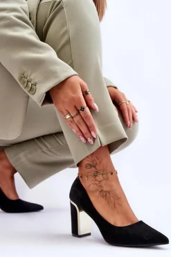 Klasyczne Zamszowe Czółenka Na Ozdobnym Słupku Czarne Elizabeth