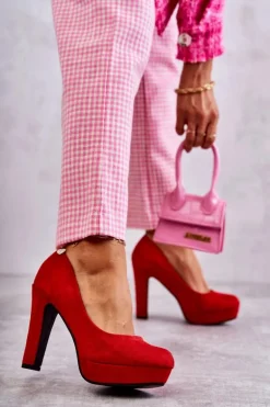 Klasyczne Zamszowe Czółenka Na Obcasie Czerwone Soro