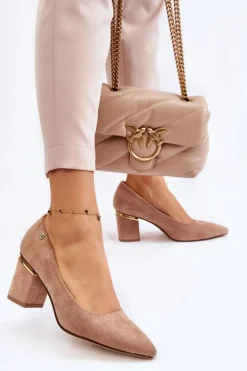 Klasyczne Zamszowe Czółenka Na Obcasie Z Ozdobą Beżowe Derren