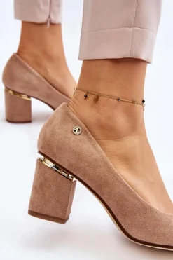 Klasyczne Zamszowe Czółenka Na Obcasie Z Ozdobą Beżowe Derren