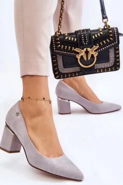 Klasyczne Zamszowe Czółenka Na Obcasie Z Ozdobą Szare Derren