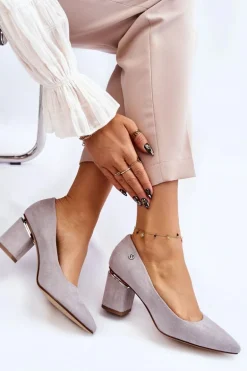 Klasyczne Zamszowe Czółenka Na Obcasie Z Ozdobą Szare Derren