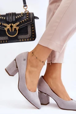 Klasyczne Zamszowe Czółenka Na Obcasie Z Ozdobą Szare Derren