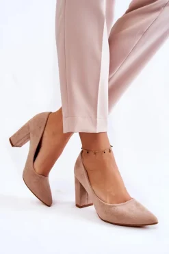 Klasyczne Zamszowe Czółenka Na Słupku Ciemnobeżowe Kendra