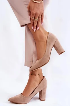 Klasyczne Zamszowe Czółenka Na Słupku Ciemnobeżowe Kendra