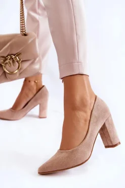 Klasyczne Zamszowe Czółenka Na Słupku Ciemnobeżowe Kendra