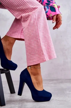 Klasyczne Zamszowe Czółenka Na Obcasie Granatowe Soro