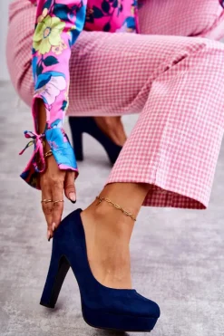 Klasyczne Zamszowe Czółenka Na Obcasie Granatowe Soro