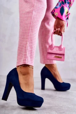 Klasyczne Zamszowe Czółenka Na Obcasie Granatowe Soro