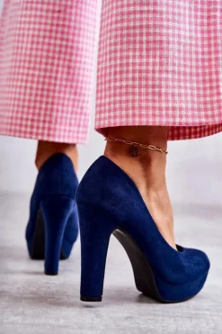 Klasyczne Zamszowe Czółenka Na Obcasie Granatowe Soro