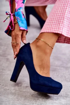 Klasyczne Zamszowe Czółenka Na Obcasie Granatowe Soro