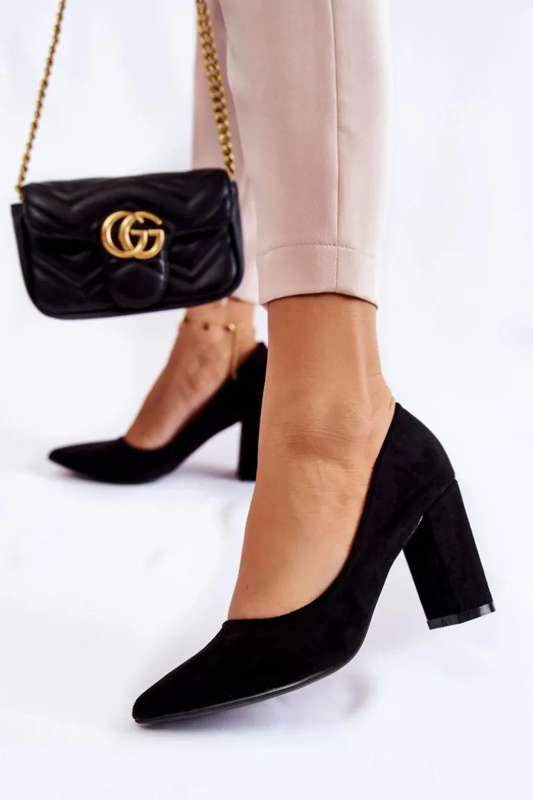 Klasyczne Zamszowe Czółenka Na Słupku Czarne Kendra