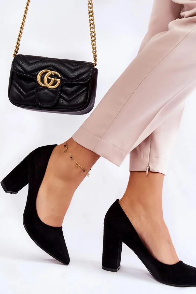 Klasyczne Zamszowe Czółenka Na Słupku Czarne Kendra