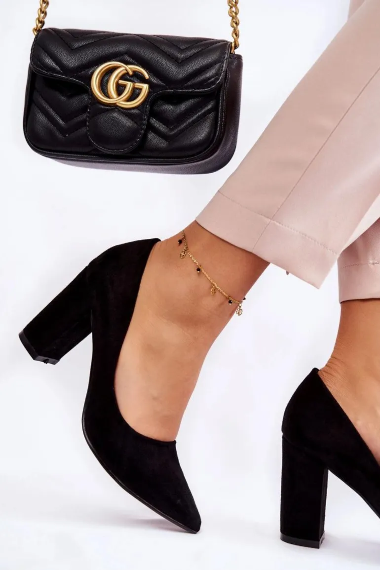 Klasyczne Zamszowe Czółenka Na Słupku Czarne Kendra