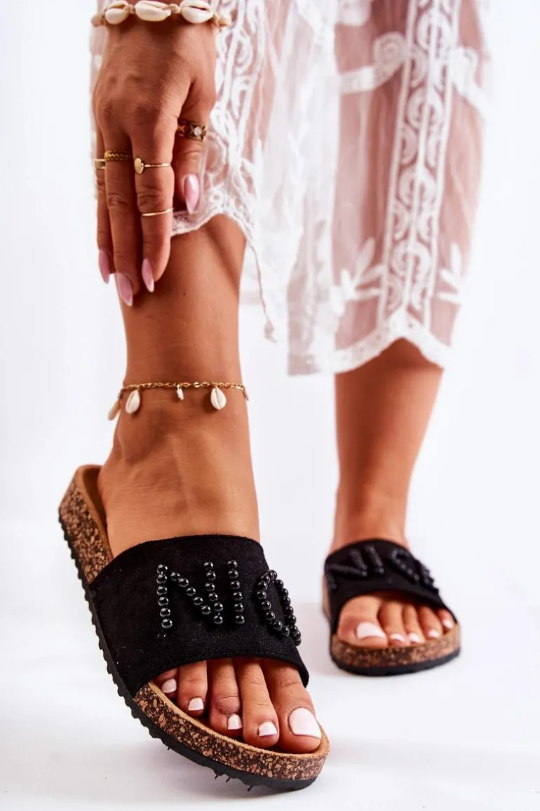 Klasyczne Zamszowe Klapki Z Koralikami Czarne Vayana