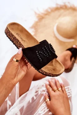 Klasyczne Zamszowe Klapki Z Koralikami Czarne Vayana