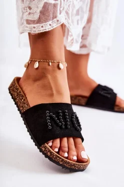 Klasyczne Zamszowe Klapki Z Koralikami Czarne Vayana