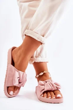 Klasyczne Zamszowe Klapki Z Kokardą Różowe Hayle