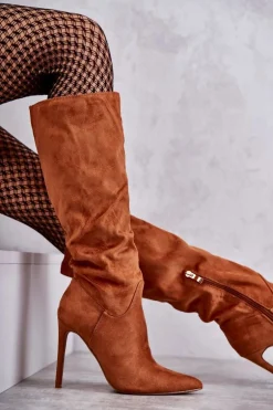 Klasyczne Zamszowe Kozaki Na Szpilce Camel Ameya