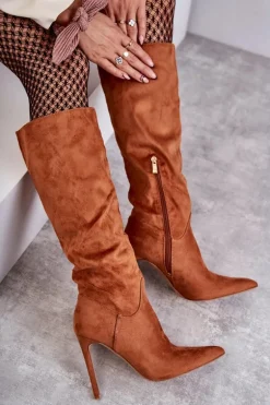 Klasyczne Zamszowe Kozaki Na Szpilce Camel Ameya