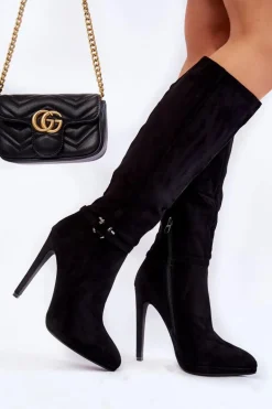 Klasyczne Zamszowe Kozaki Na Obcasie Czarne Linney