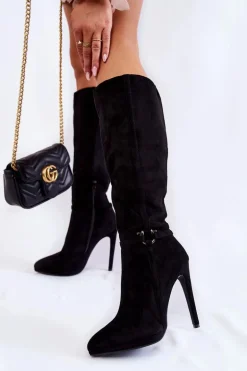 Klasyczne Zamszowe Kozaki Na Obcasie Czarne Linney