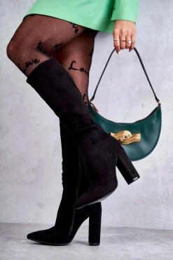 Klasyczne Zamszowe Kozaki Na Obcasie Czarne Tressa