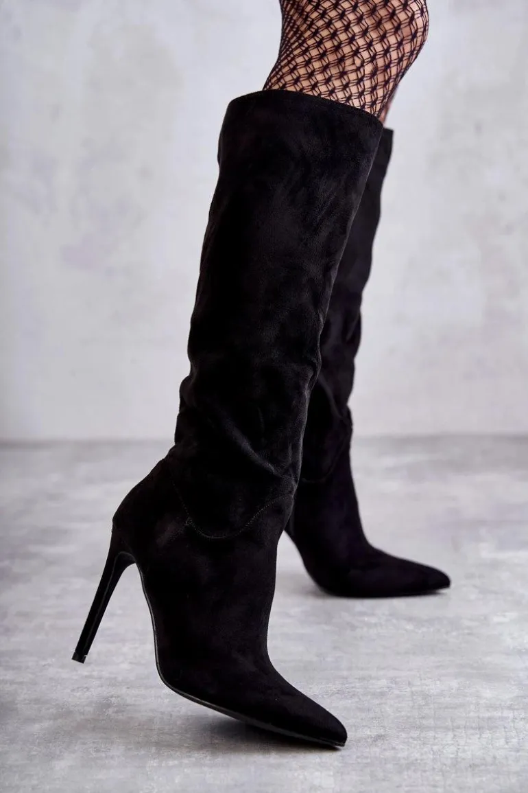Klasyczne Zamszowe Kozaki Na Szpilce Czarne Ameya