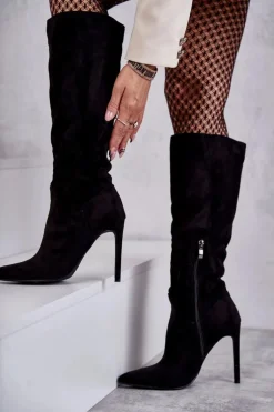 Klasyczne Zamszowe Kozaki Na Szpilce Czarne Ameya