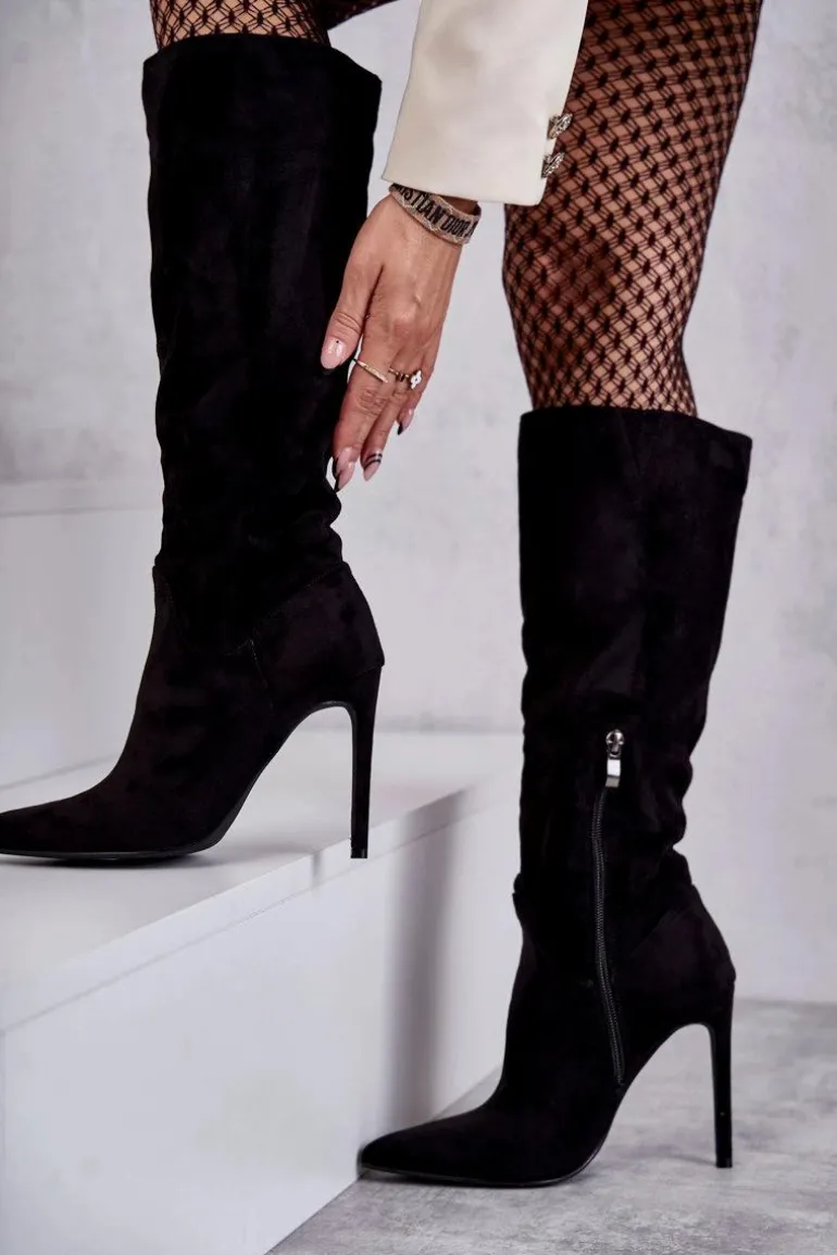 Klasyczne Zamszowe Kozaki Na Szpilce Czarne Ameya