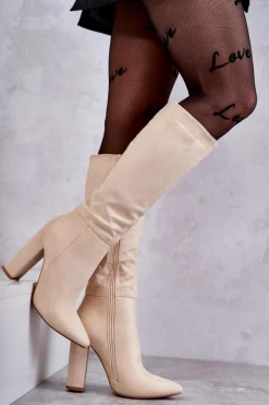 Klasyczne Zamszowe Kozaki Na Obcasie Beżowe Tressa