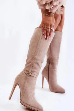 Klasyczne Zamszowe Kozaki Na Obcasie Beżowe Linney