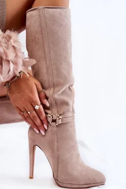 Klasyczne Zamszowe Kozaki Na Obcasie Beżowe Linney