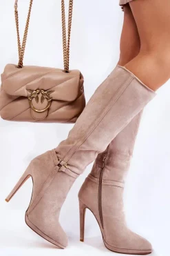 Klasyczne Zamszowe Kozaki Na Obcasie Beżowe Linney