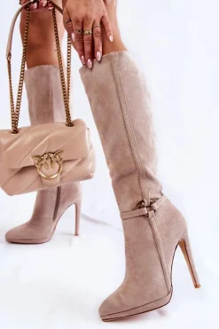 Klasyczne Zamszowe Kozaki Na Obcasie Beżowe Linney