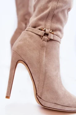 Klasyczne Zamszowe Kozaki Na Obcasie Beżowe Linney