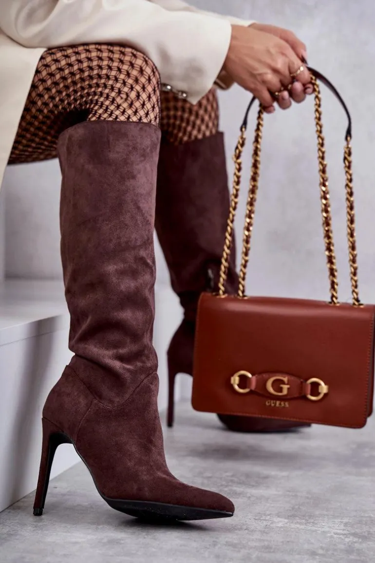 Klasyczne Zamszowe Kozaki Na Szpilce Brązowe Ameya