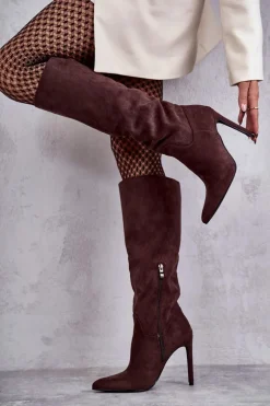 Klasyczne Zamszowe Kozaki Na Szpilce Brązowe Ameya