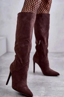 Klasyczne Zamszowe Kozaki Na Szpilce Brązowe Ameya