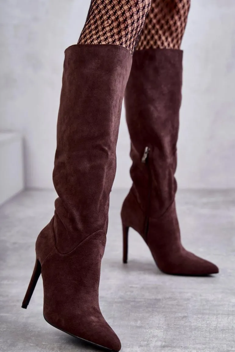 Klasyczne Zamszowe Kozaki Na Szpilce Brązowe Ameya