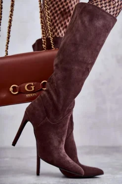 Klasyczne Zamszowe Kozaki Na Szpilce Brązowe Ameya