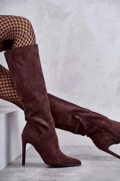 Klasyczne Zamszowe Kozaki Na Szpilce Brązowe Ameya