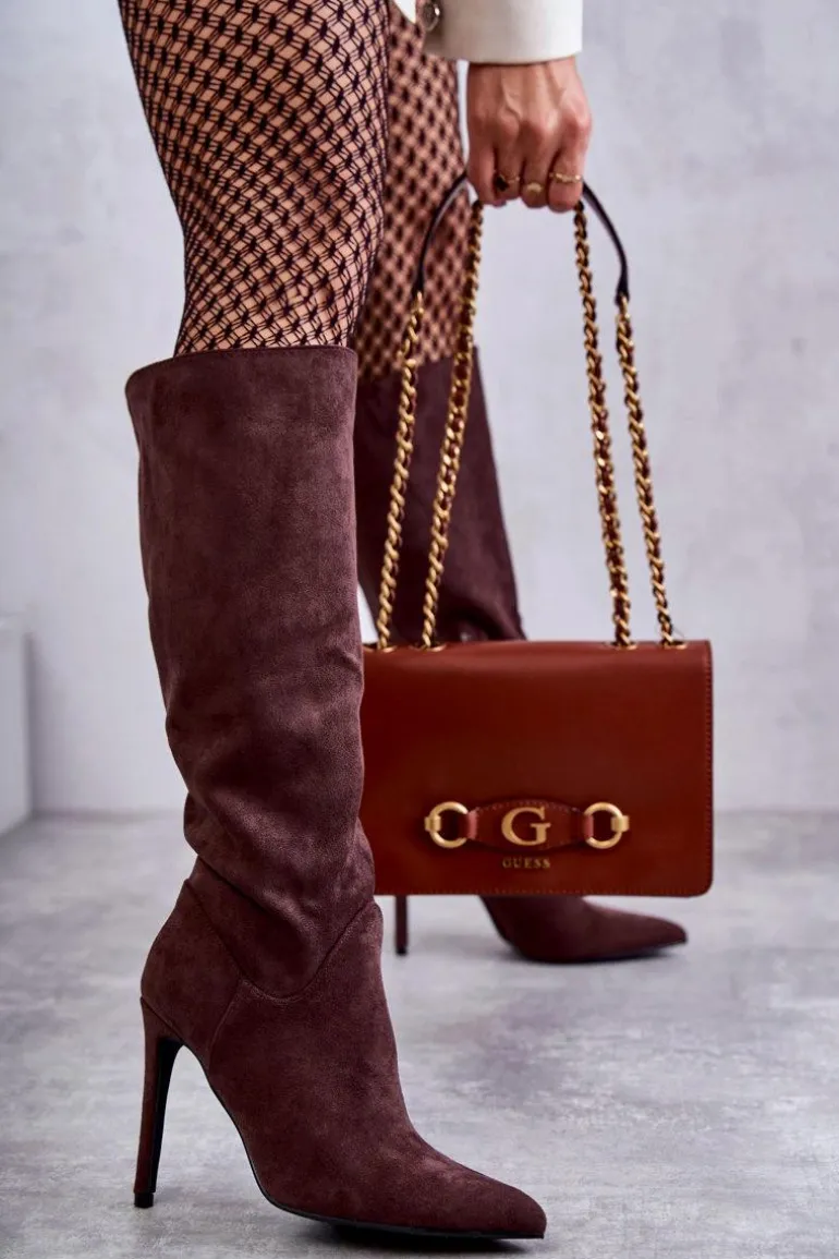 Klasyczne Zamszowe Kozaki Na Szpilce Brązowe Ameya