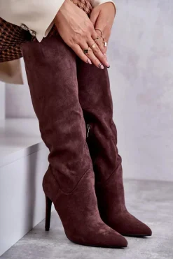 Klasyczne Zamszowe Kozaki Na Szpilce Brązowe Ameya