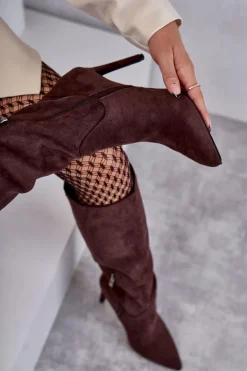 Klasyczne Zamszowe Kozaki Na Szpilce Brązowe Ameya