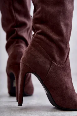 Klasyczne Zamszowe Kozaki Na Szpilce Brązowe Ameya